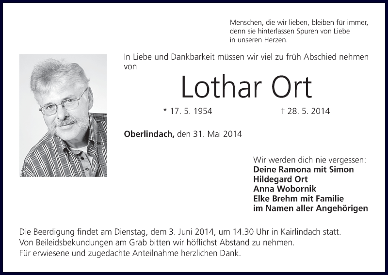  Traueranzeige für Lothar Ort vom 31.05.2014 aus MGO