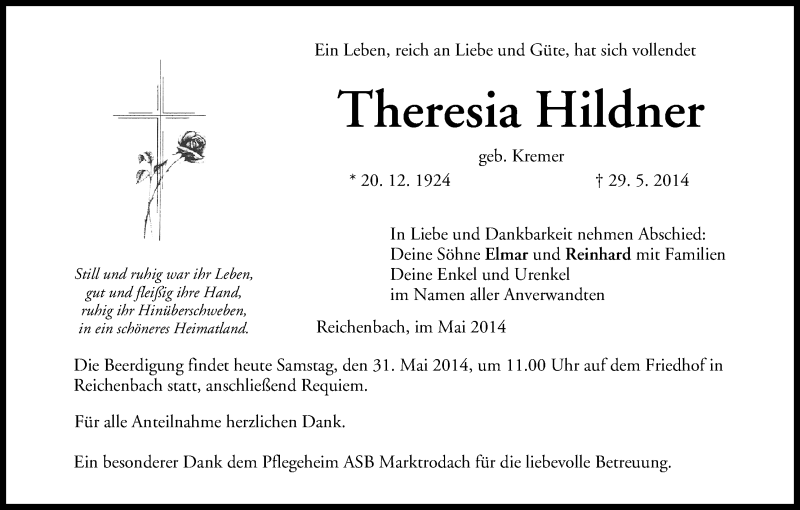  Traueranzeige für Theresia Hildner vom 31.05.2014 aus MGO