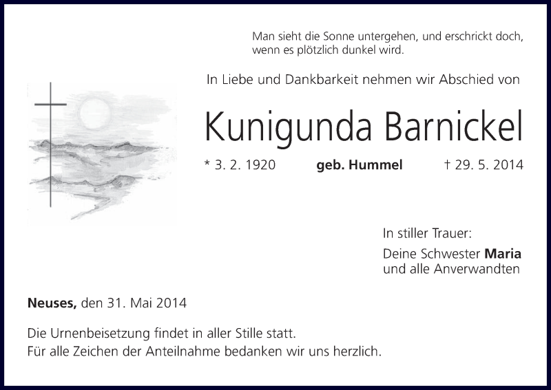  Traueranzeige für Kunigunda Barnickel vom 31.05.2014 aus MGO