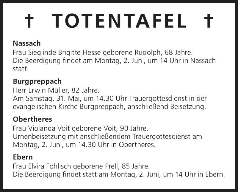  Traueranzeige für Totentafel vom 31.05.2014 vom 31.05.2014 aus MGO