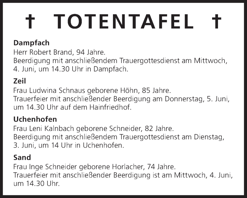  Traueranzeige für Totentafel 02.06.2014 vom 02.06.2014 aus MGO