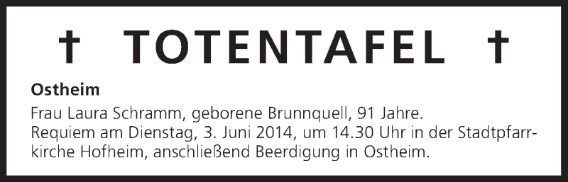  Traueranzeige für Totentafel 03.06.2014 vom 03.06.2014 aus MGO