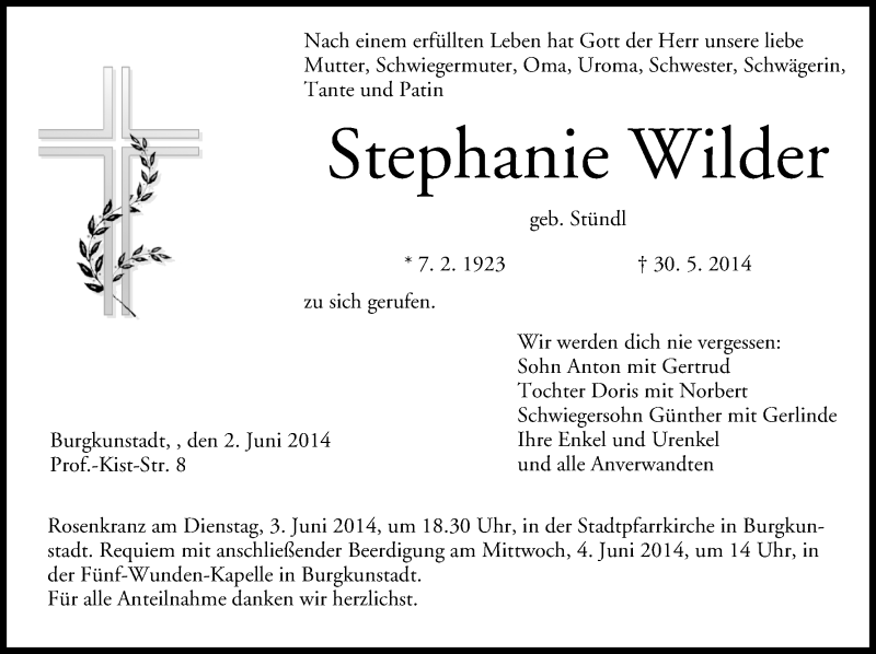  Traueranzeige für Stephanie Wilder vom 02.06.2014 aus MGO