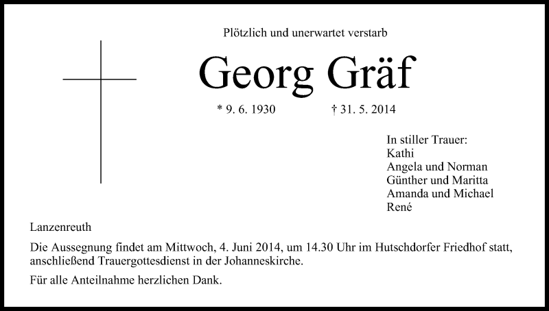  Traueranzeige für Georg Gräf vom 02.06.2014 aus MGO