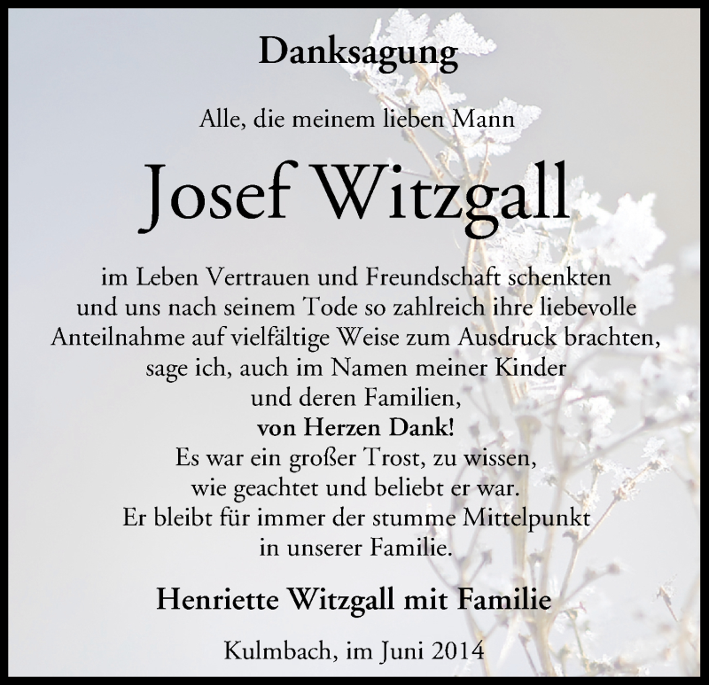  Traueranzeige für Josef Witzgall vom 07.06.2014 aus MGO