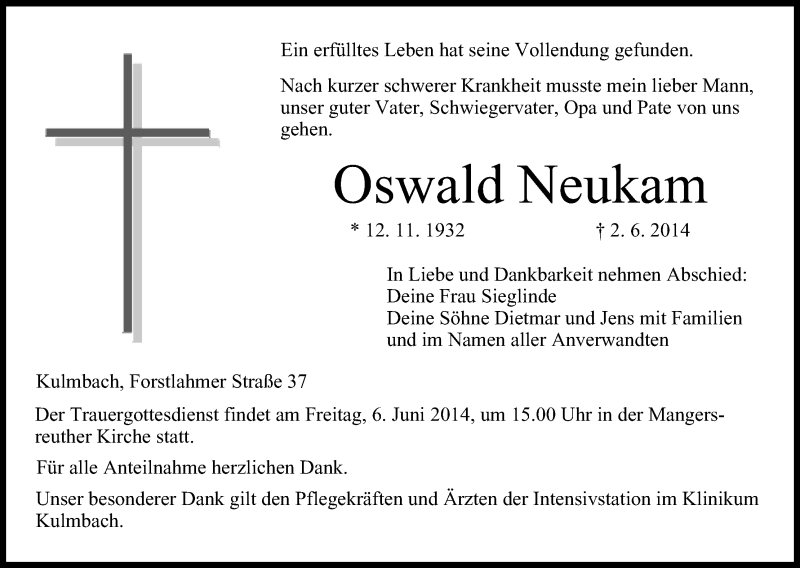  Traueranzeige für Oswald Neukam vom 04.06.2014 aus MGO