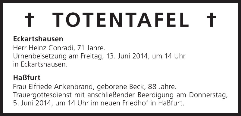  Traueranzeige für Totentafel, vom 05.06.2014 vom 05.06.2014 aus MGO