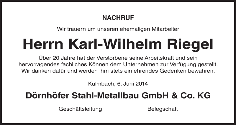  Traueranzeige für Karl-Wilhelm Riegel vom 06.06.2014 aus MGO