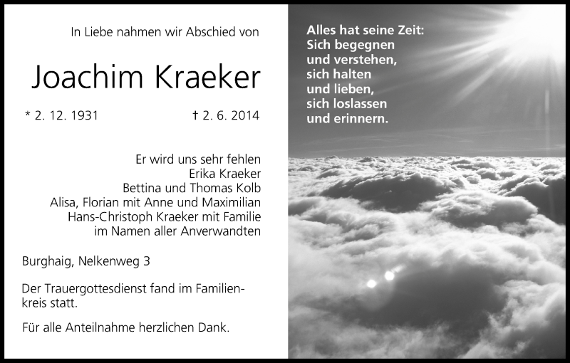  Traueranzeige für Joachim Kraeker vom 07.06.2014 aus MGO