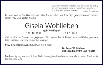 Anzeige von Gisela Wohlleben von MGO