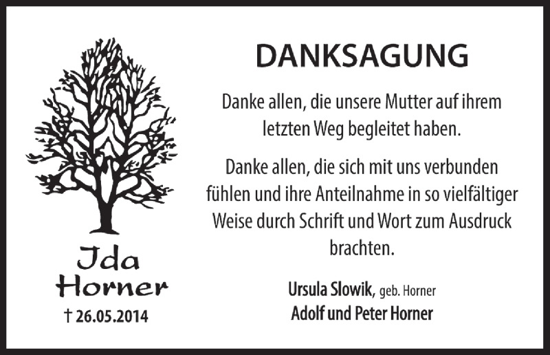  Traueranzeige für Ida Horner vom 07.06.2014 aus MGO