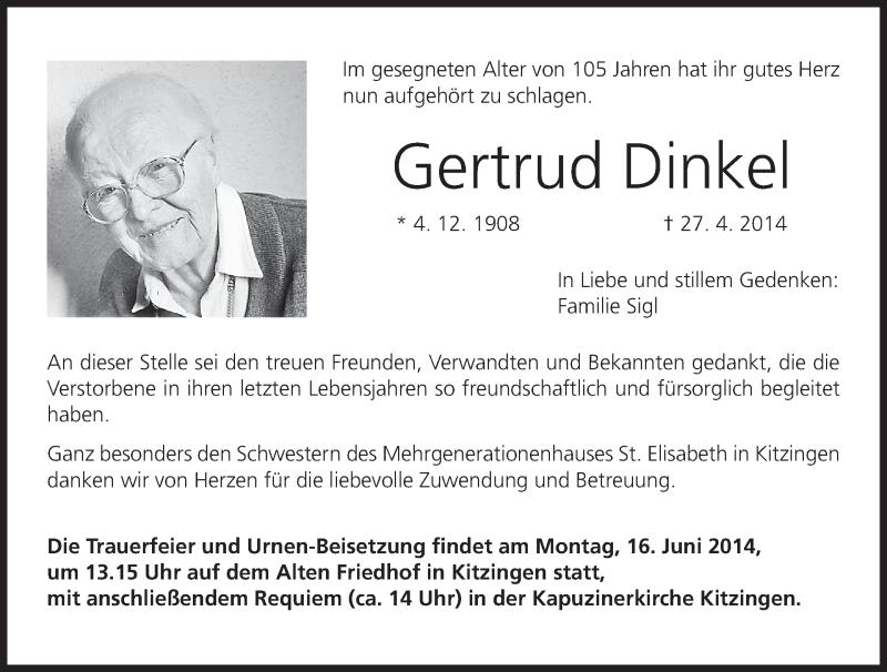  Traueranzeige für Gertrud Dinkel vom 12.06.2014 aus MGO