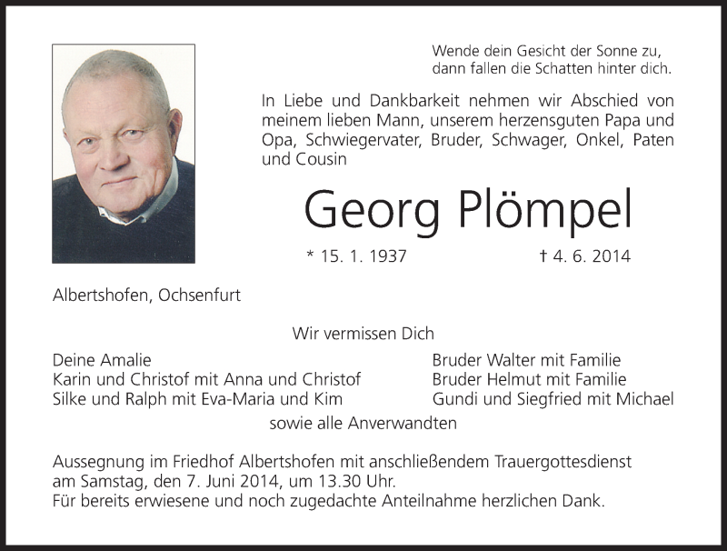  Traueranzeige für Georg Plömpel vom 06.06.2014 aus MGO