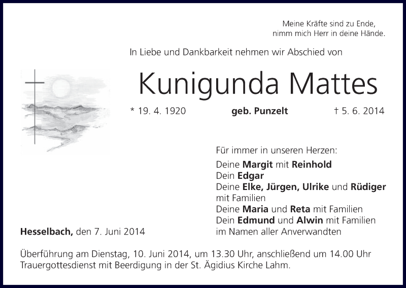  Traueranzeige für Kunigunda Mattes vom 07.06.2014 aus MGO