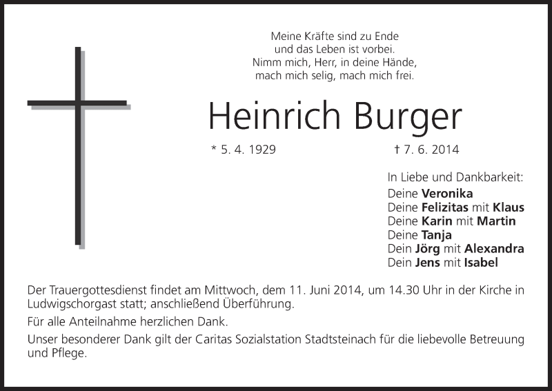  Traueranzeige für Heinrich Burger vom 10.06.2014 aus MGO