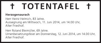 Anzeige von Totentafel vom 10.06.2014 von MGO