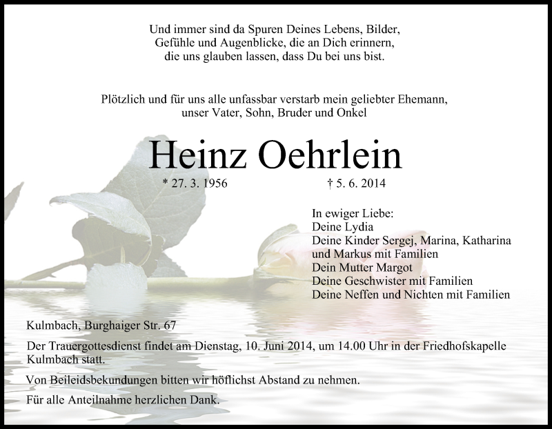  Traueranzeige für Heinz Oehrlein vom 07.06.2014 aus MGO