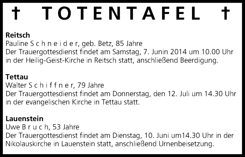  Traueranzeige für Totentafel vom 07.06.2014 vom 07.06.2014 aus MGO
