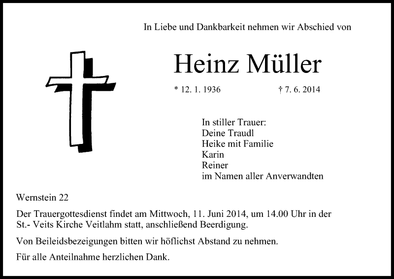  Traueranzeige für Heinz Müller vom 10.06.2014 aus MGO