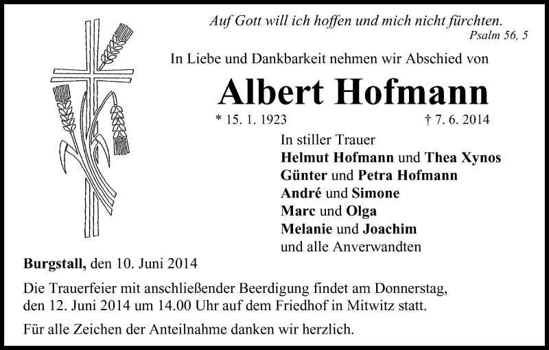  Traueranzeige für Albert Hofmann vom 10.06.2014 aus MGO