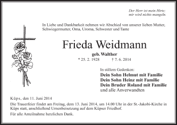 Anzeige von Frieda Weidmann von MGO