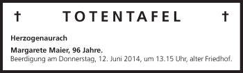 Anzeige von Totentafel vom 11.06.2014 von MGO
