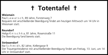 Anzeige von Totentafel vom 11.06.2014 von MGO