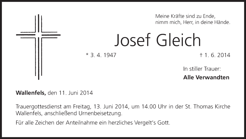  Traueranzeige für Josef Gleich vom 11.06.2014 aus MGO