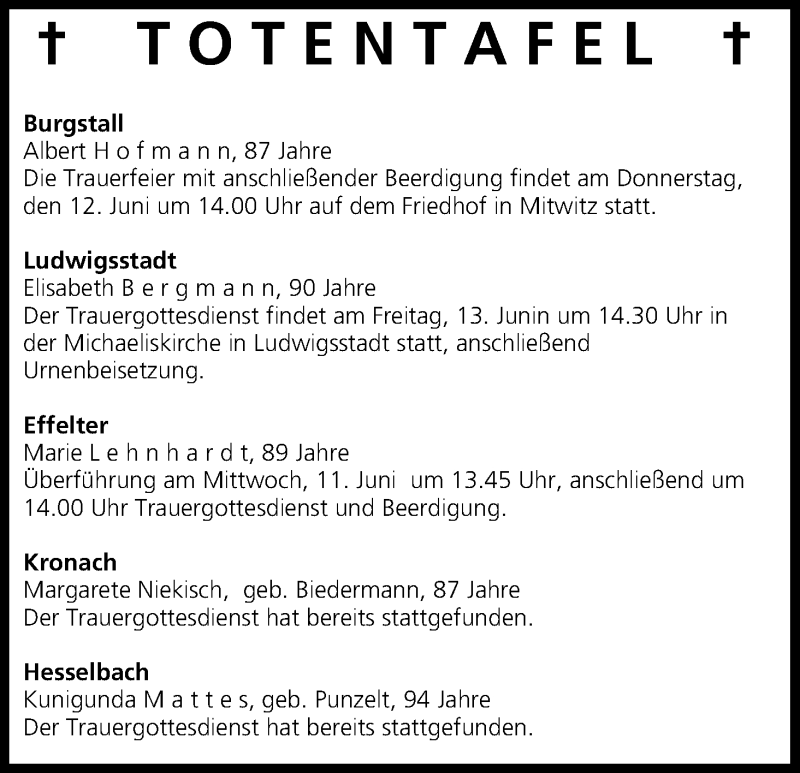  Traueranzeige für Totentafel vom 11.06.2014 vom 11.06.2014 aus MGO