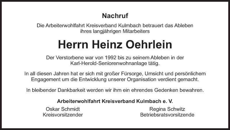  Traueranzeige für Heinz Oehrlein vom 13.06.2014 aus MGO