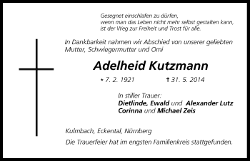 Anzeige von Adelheid Kutzmann von MGO