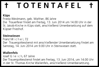 Anzeige von Totentafel vom 12.06.2014 von MGO