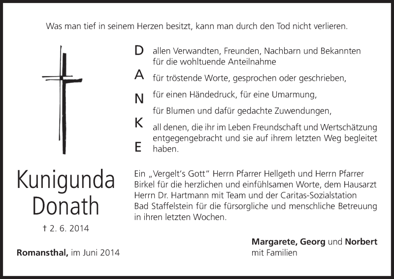  Traueranzeige für Kunigunda Donath vom 14.06.2014 aus MGO