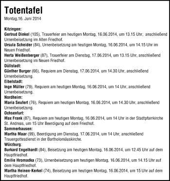 Anzeige von Totentafel vom 16.06.2014 von MGO