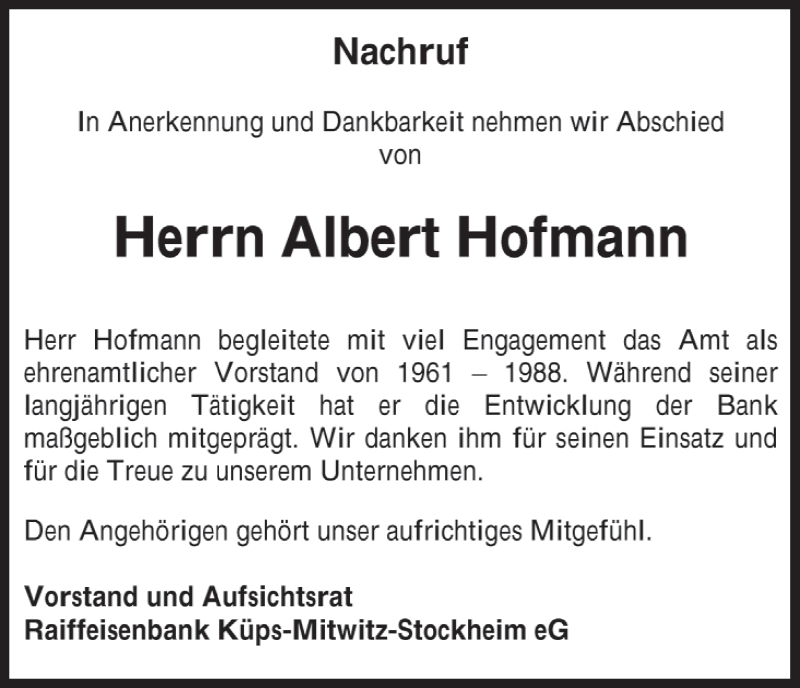  Traueranzeige für Albert Hofmann vom 13.06.2014 aus MGO