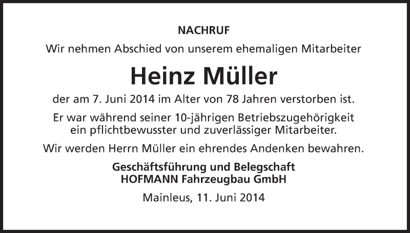  Traueranzeige für Heinz Müller vom 13.06.2014 aus MGO