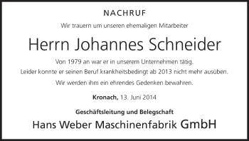 Anzeige von Johannes Schneider von MGO