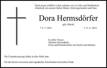 Anzeige von Dora Hermsdörfer von MGO