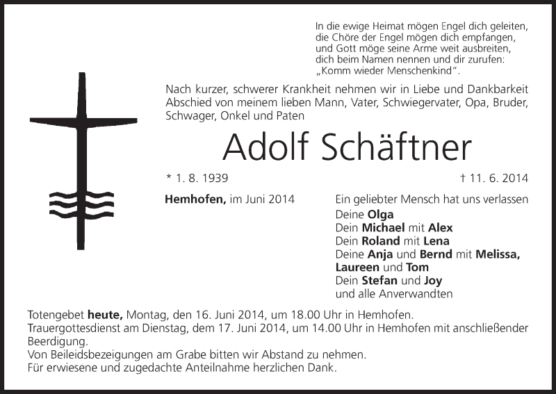  Traueranzeige für Adolf Schäftner vom 16.06.2014 aus MGO