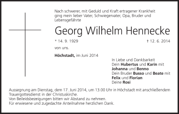 Anzeige von Georg Wilhelm Hennecke von MGO