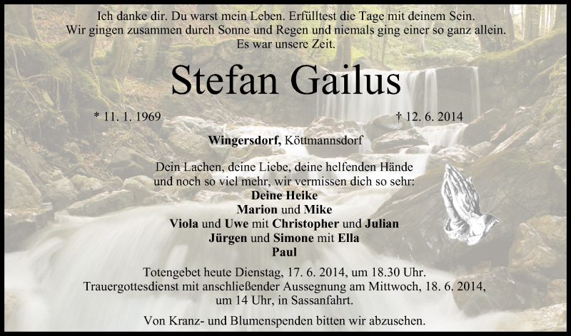  Traueranzeige für Stefan Gailus vom 17.06.2014 aus MGO