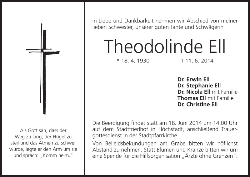  Traueranzeige für Theodolinde Ell vom 17.06.2014 aus MGO