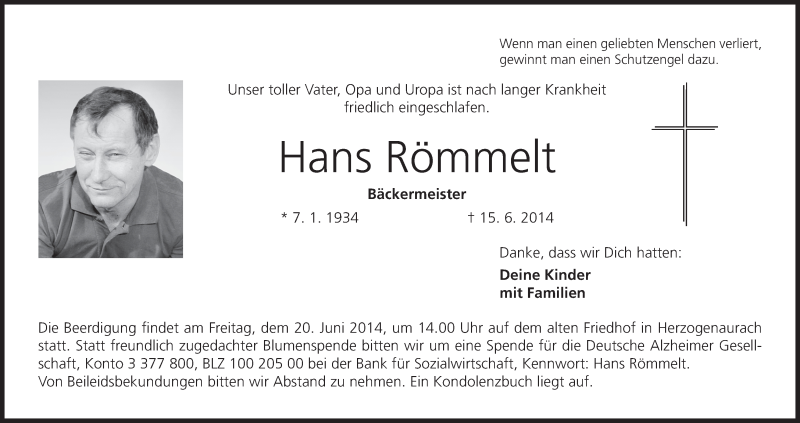  Traueranzeige für Hans Römmelt vom 18.06.2014 aus MGO