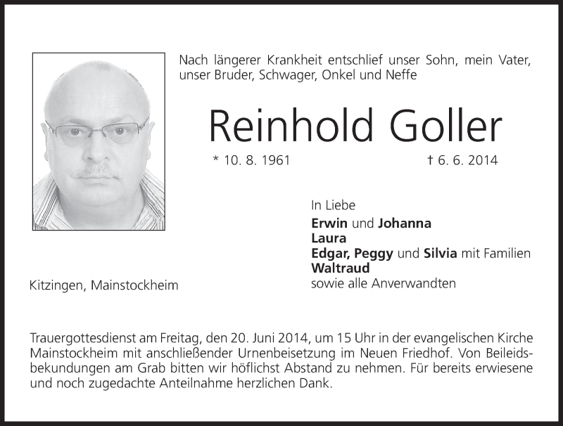  Traueranzeige für Reinhold Goller vom 17.06.2014 aus MGO