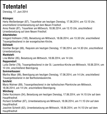 Anzeige von Totentafel vom 17.06.2014 von MGO