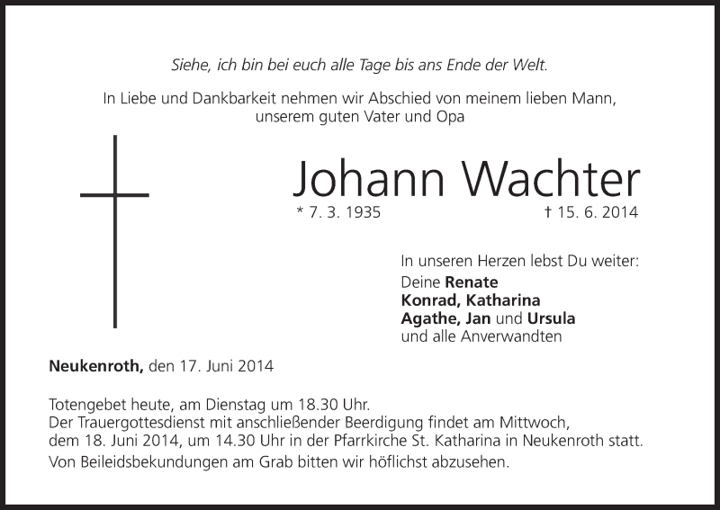  Traueranzeige für Johann Wachter vom 17.06.2014 aus MGO