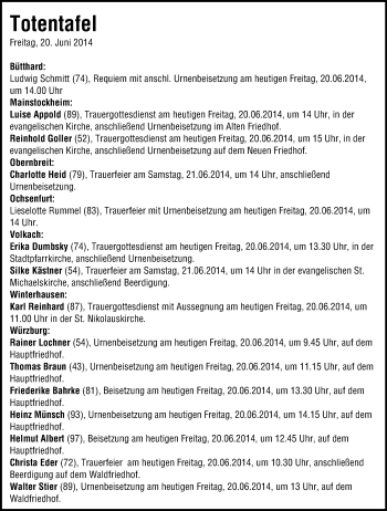 Anzeige von Totentafel 20.06.2014 von MGO