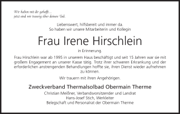 Anzeige von Irene Hirschlein von MGO