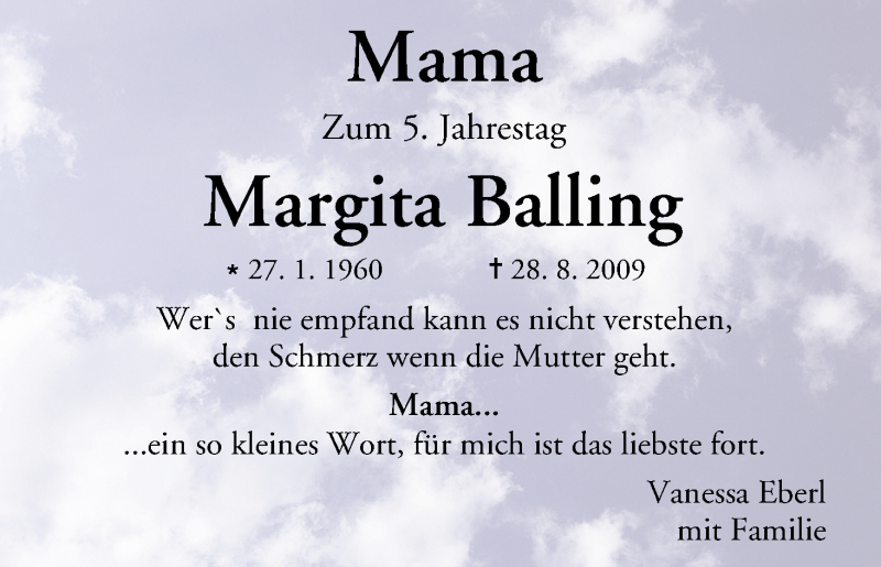  Traueranzeige für Margita Balling vom 28.08.2014 aus MGO