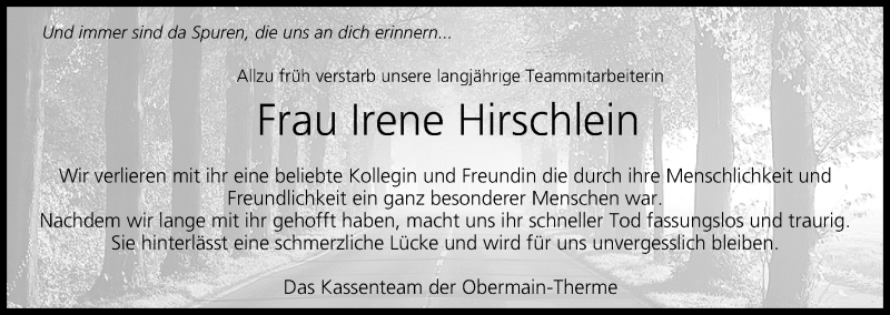  Traueranzeige für Irene Hirschlein vom 18.06.2014 aus MGO